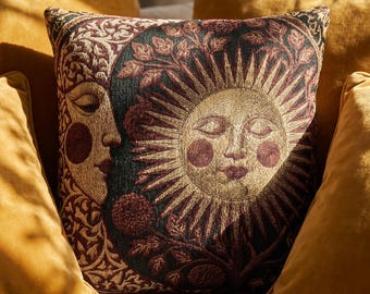 Sun and Moon Whimsigoth Woven Celestial Pillow, Dark Cottagecore Decor, Maximalist Tarot Room Accent