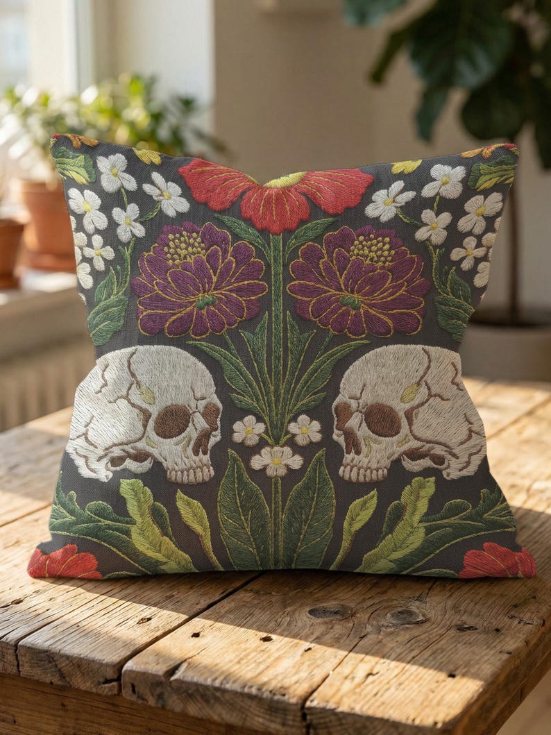 Grimoire and Goblet gothic pillow cover featuring mirrored ivory human skulls surrounded by detailed floral and botanical elements including deep red flowers, purple blooms with gold outlining, small white blossoms, and layered green foliage, arranged in a symmetrical composition on a charcoal background, designed with a high-detail faux embroidery print that mimics stitched texture while remaining smooth, creating a dark academia and gothic botanical aesthetic decorative cushion cover