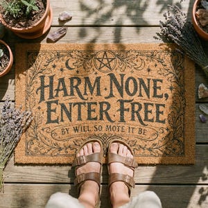 May include: A brown doormat with the text "HARM NONE, ENTER FREE" in black, framed by decorative flourishes and a pentagram. The mat is on a wooden deck, with sandals and plants visible.