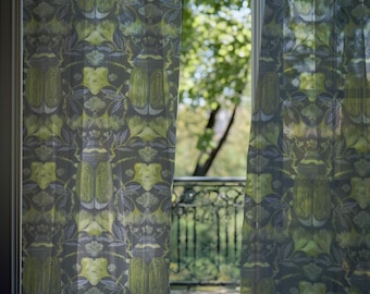 Sage Beetle Sheer Curtain Panel, Entomology Botanical Window Treatment, Victorian Gothic Decor, Dark Academia Drapes, Woodland Oddities