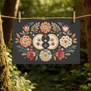 Witchy outdoor doormat featuring a central all-seeing eye, crescent moons, and floral details in an embroidery-style design. This weatherproof welcome mat measures 26x18 inches and is ideal for porches or patio entries. Symbolic celestial motifs offer intuitive protection and spiritual elegance for magical home decor.
