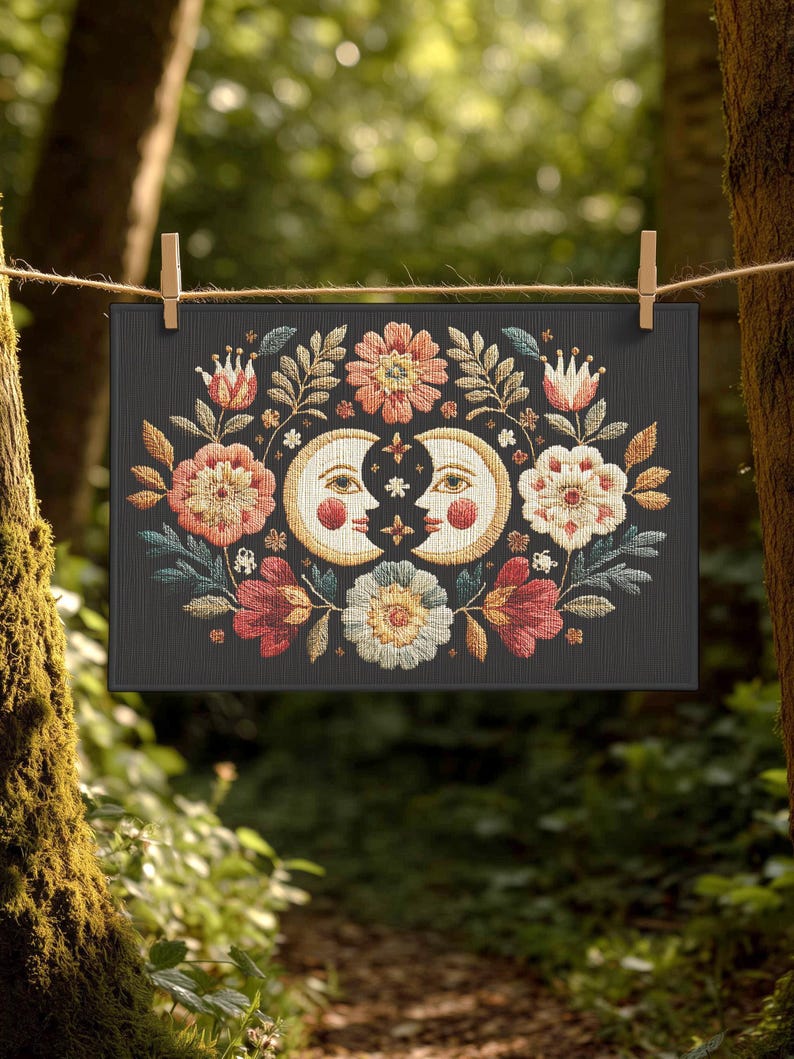 Witchy outdoor doormat featuring a central all-seeing eye, crescent moons, and floral details in an embroidery-style design. This weatherproof welcome mat measures 26x18 inches and is ideal for porches or patio entries. Symbolic celestial motifs offer intuitive protection and spiritual elegance for magical home decor.