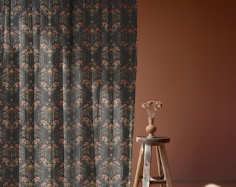 Victorian Beetle Curtain Panel, Dark Academia Window Treatment, Vintage Botanical Home Decor, Navy Gold Floral Drapes