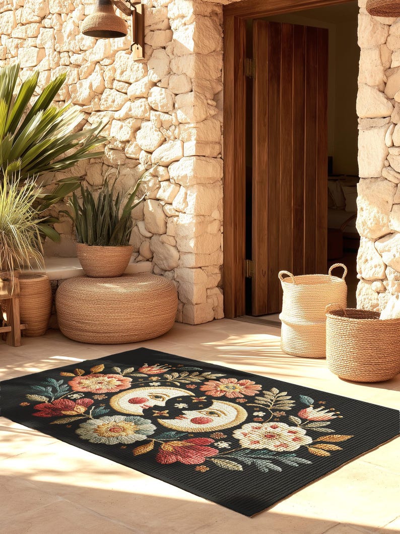 Witchy outdoor doormat featuring a central all-seeing eye, crescent moons, and floral details in an embroidery-style design. This weatherproof welcome mat measures 26x18 inches and is ideal for porches or patio entries. Symbolic celestial motifs offer intuitive protection and spiritual elegance for magical home decor.