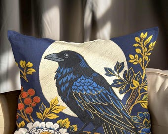 Fodera per cuscino con corvo gotico per decorazioni Dark Academia, fodera per cuscino con corvo botanico