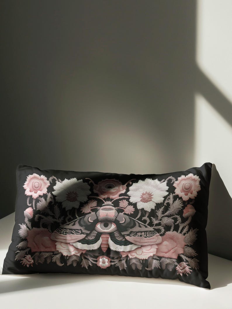 Gothic moth eye botanical lumbar pillow with mystical embroidered wings on dark fabric. Cottagecore throw pillow featuring protective moth symbol surrounded by pink roses, white wildflowers & sacred botanicals. Witchy home decor with medieval tapestry aesthetic. Perfect for dark academia spaces, bohemian decor & occult art lovers. 20x12 lumbar size.