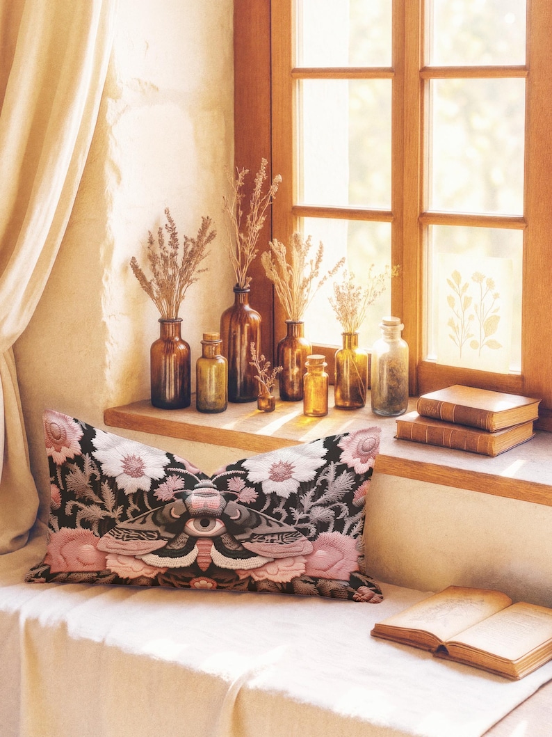 Gothic moth eye botanical lumbar pillow with mystical embroidered wings on dark fabric. Cottagecore throw pillow featuring protective moth symbol surrounded by pink roses, white wildflowers & sacred botanicals. Witchy home decor with medieval tapestry aesthetic. Perfect for dark academia spaces, bohemian decor & occult art lovers. 20x12 lumbar size.