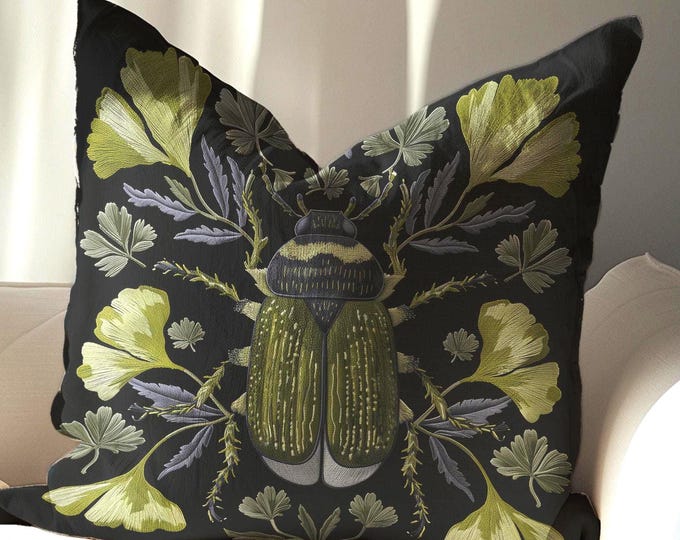 Victorian Sage Beetle Pillowcase: Dark Botanical Gothic Accent for 18x18 or 22x22 Cushion