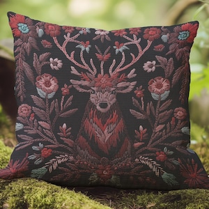 Woven Stag Pillow, Gothic Woodland Throw Pillow, Dark Cottagecore Decor, Mystical Home Accents, Vintage Forest Cushion