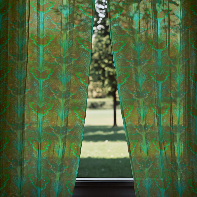 Sheer curtain panel featuring an intricate pattern of luminous emerald green Luna moths on an amber background. The design shows symmetrical rows of moths with delicate wing details and botanical elements in a vertical arrangement.