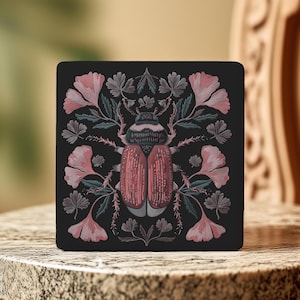 Botanical Beetle Ceramic Coaster, Entomology Art, Dark Academia Decor, Nature Illustration, Bar Cart Art, Insect Home Decor, Hostess Gift