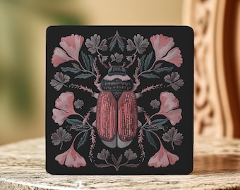 Botanical Beetle Ceramic Coaster: Entomology Art, Dark Academia Decor