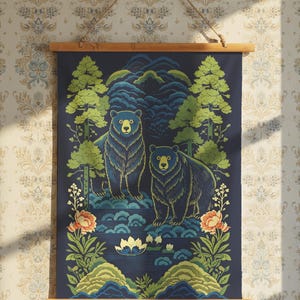 Chinoiserie Woodland Bear Tapestry: William Morris Style Wall Hanging, Nordic Folk Style
