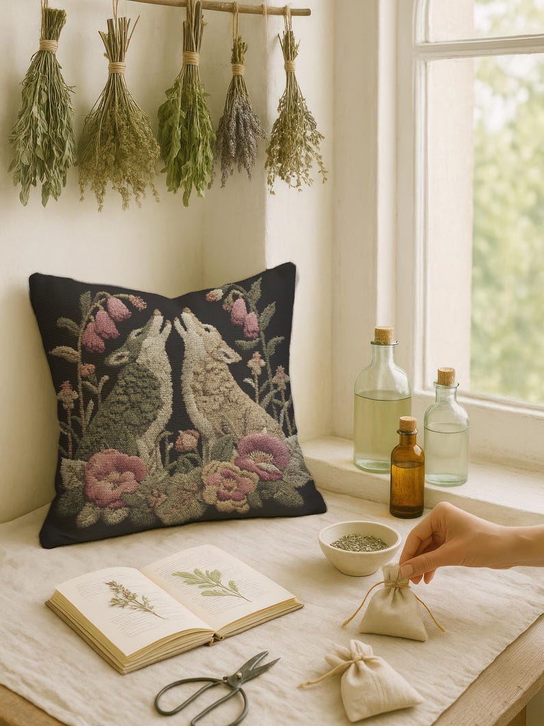 A square woven tapestry pillow with two howling wolves on a black background. The wolves are surrounded by pink and green botanical flowers, creating a vintage, folkloric scene. This decorative cushion is perfect for cottagecore, dark academia, and gothic home decor.