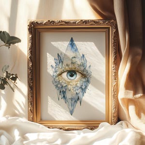 Crystal All-Seeing Eye Art Print, Bohemian Mystical Watercolor Poster, Gothic Wall Decor for  Occult Home Decoration, Witchy Art Third Eye