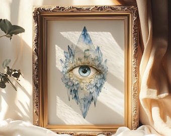 Crystal All-Seeing Eye Art Print: Gothic Mystical Watercolor Poster