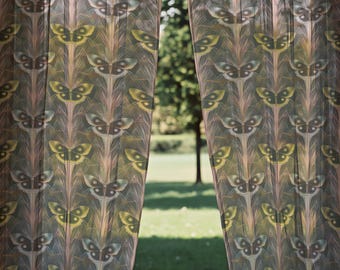 Botanical Luna Moth Panel, Gothic Victorian Window Curtain, Dark Academia Drapes, Emerald Green Home Decor
