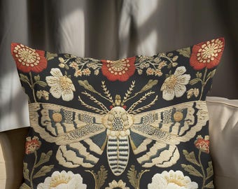 Dark Academia Moth Pillow Cover: Gothic Botanical Embroidered Look
