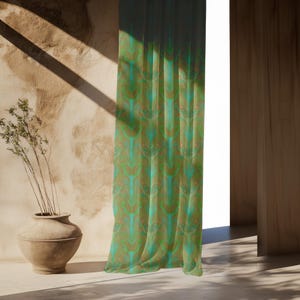 Sheer curtain panel featuring an intricate pattern of luminous emerald green Luna moths on an amber background. The design shows symmetrical rows of moths with delicate wing details and botanical elements in a vertical arrangement.