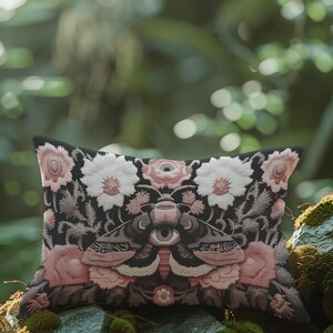 Gothic moth eye botanical lumbar pillow with mystical embroidered wings on dark fabric. Cottagecore throw pillow featuring protective moth symbol surrounded by pink roses, white wildflowers & sacred botanicals. Witchy home decor with medieval tapestry aesthetic. Perfect for dark academia spaces, bohemian decor & occult art lovers. 20x12 lumbar size.
