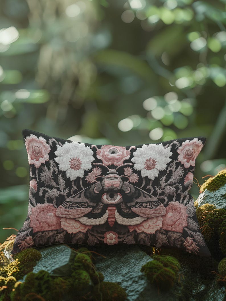 Gothic moth eye botanical lumbar pillow with mystical embroidered wings on dark fabric. Cottagecore throw pillow featuring protective moth symbol surrounded by pink roses, white wildflowers & sacred botanicals. Witchy home decor with medieval tapestry aesthetic. Perfect for dark academia spaces, bohemian decor & occult art lovers. 20x12 lumbar size.