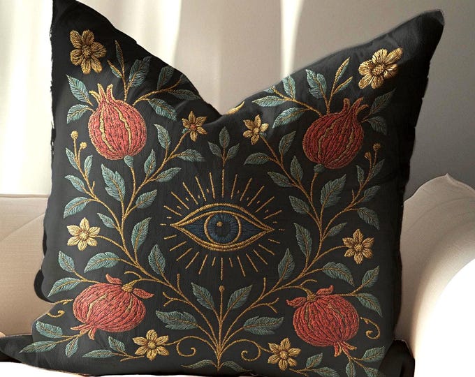 Pomegranate Evil Eye Throw Pillow Cover for Cottagecore and Witchy Decor, Vintage Style Cushion Cover with Botanical for Dark Academia
