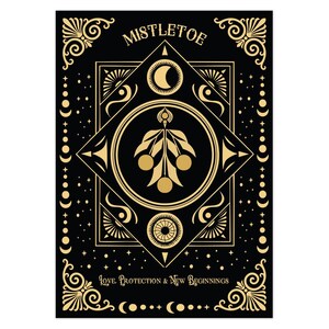 Luxurious black Yule card featuring golden mistletoe design, moon phases, and stars. "Mistletoe" and "For Protection & New Beginnings" in ornate gold text.