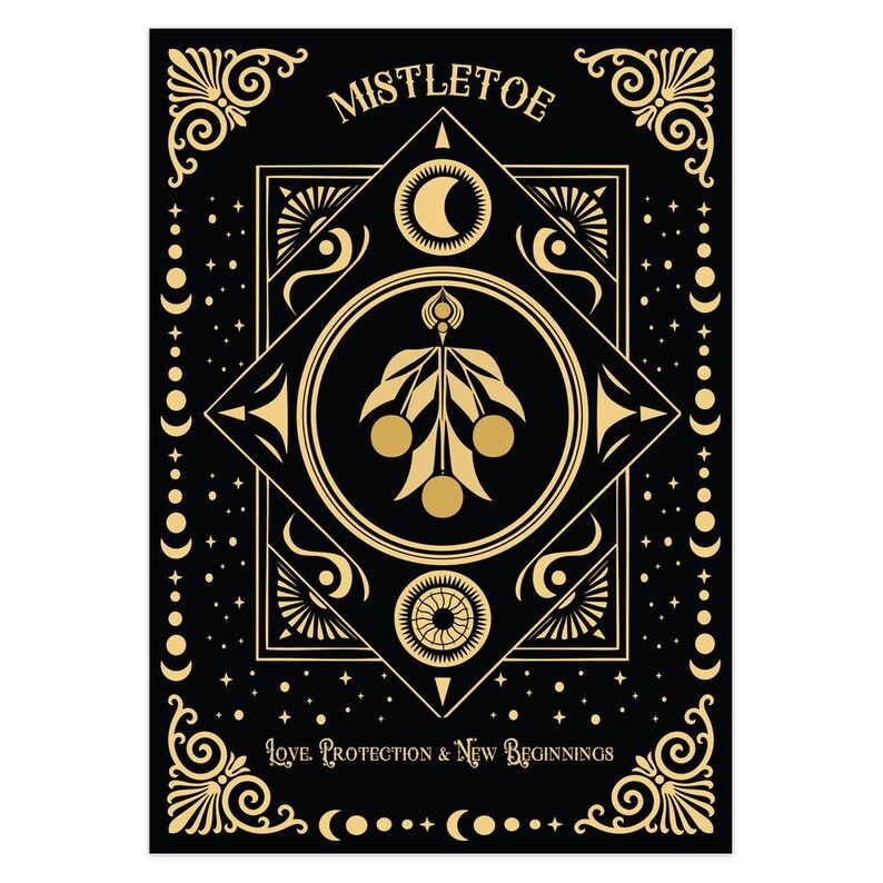 Luxurious black Yule card featuring golden mistletoe design, moon phases, and stars. "Mistletoe" and "For Protection & New Beginnings" in ornate gold text.