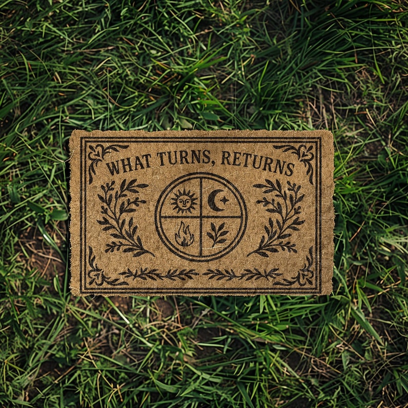 Natural coir doormat featuring "What Turns, Returns" text with sacred elemental symbolism including sun, crescent moon, flames, and botanical sprigs arranged in protective circular mandala design. Four classical elements represented in quadrants surrounded by intricate corner flourishes and leafy botanical borders. Perfect witchy welcome mat for pagan home decor, spiritual protection, and mystical entryway styling.
