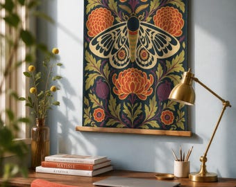 Dark Cottagecore Moth Tapestry, William Morris Style Wall Hanging, Whimsigoth Floral Decor Reading Nook, Housewarming Gift for Moth Lover
