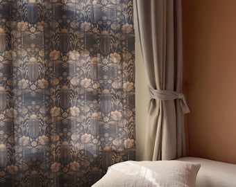 Botanical Beetle Sheer Curtain Panel, Dark Academia Window Treatment, Victorian Floral Drapes, Vintage Insect Home Decor, Navy Gold