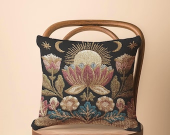 Lotus Sun and Moon Art Nouveau geweven kussen - Dark Academia Tapestry-kussen voor bibliotheek