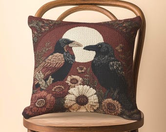 Raven Moon Woven Pillow: Gothic Cottagecore Home Decor