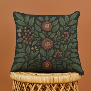 Mountain Rowan Woven Pillow,  Dark Botanical Tapestry Cushion for Cottagecore, Whimsigoth, or Gothic Forest Decor
