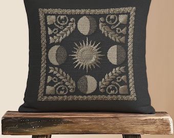 Almohada tejida con fases lunares celestiales: decoración gótica para el hogar