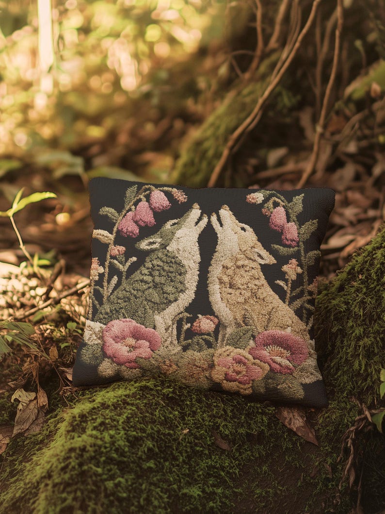 A square woven tapestry pillow with two howling wolves on a black background. The wolves are surrounded by pink and green botanical flowers, creating a vintage, folkloric scene. This decorative cushion is perfect for cottagecore, dark academia, and gothic home decor.