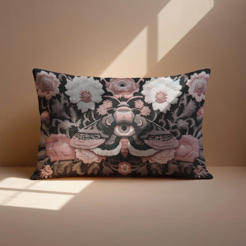 Gothic moth eye botanical lumbar pillow with mystical embroidered wings on dark fabric. Cottagecore throw pillow featuring protective moth symbol surrounded by pink roses, white wildflowers & sacred botanicals. Witchy home decor with medieval tapestry aesthetic. Perfect for dark academia spaces, bohemian decor & occult art lovers. 20x12 lumbar size.
