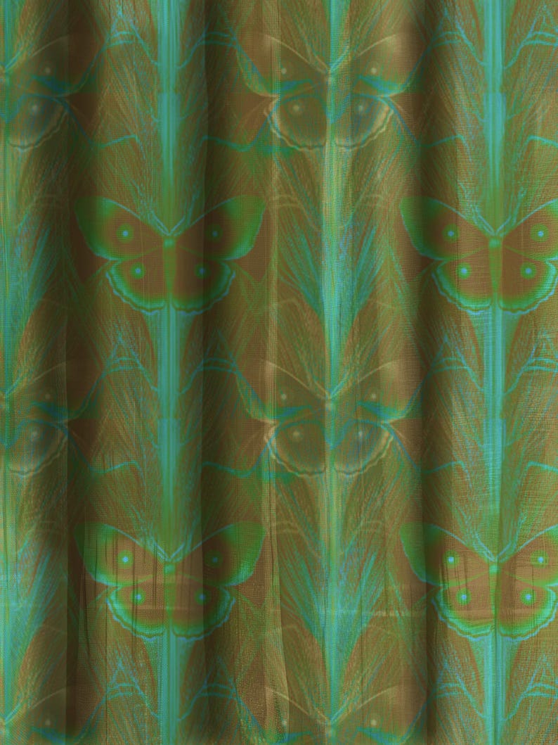 Sheer curtain panel featuring an intricate pattern of luminous emerald green Luna moths on an amber background. The design shows symmetrical rows of moths with delicate wing details and botanical elements in a vertical arrangement.