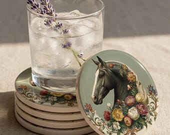 Keramik Untersetzer Pferd mit Vintage Reiter-Porträt und Blumenmuster