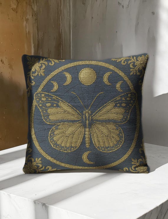 Celestial Butterfly Woven Pillow: Whimsigoth Moon Phase Cushion