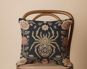 Woven Spider Pillow, Botanical Gothic Tapestry Cushion