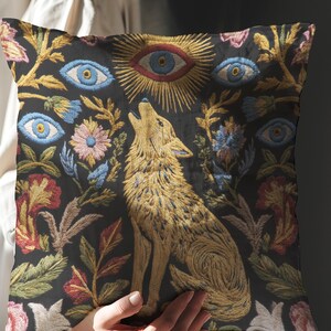 Celestial Wolf Pillow Cover: Gothic Home Decor with Evil Eye