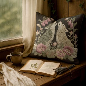 A square woven tapestry pillow with two howling wolves on a black background. The wolves are surrounded by pink and green botanical flowers, creating a vintage, folkloric scene. This decorative cushion is perfect for cottagecore, dark academia, and gothic home decor.