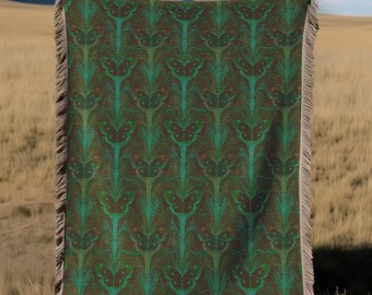 Luna Moth Woven Cotton Throw Blanket: Gothic Cottagecore Decor