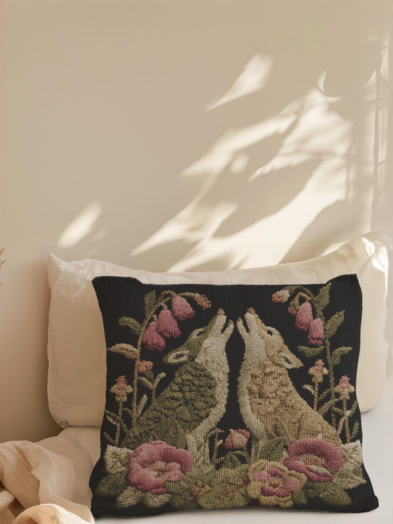 A square woven tapestry pillow with two howling wolves on a black background. The wolves are surrounded by pink and green botanical flowers, creating a vintage, folkloric scene. This decorative cushion is perfect for cottagecore, dark academia, and gothic home decor.