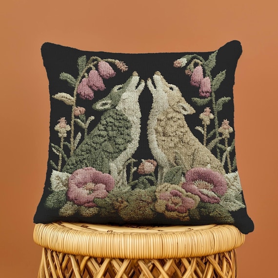 Wolf Tapestry Pillow for Cottagecore Decor, Whimsigoth Throw Cushion, Victorian Dark Academia Decor, Woodland Animal Nature Lover Bedding