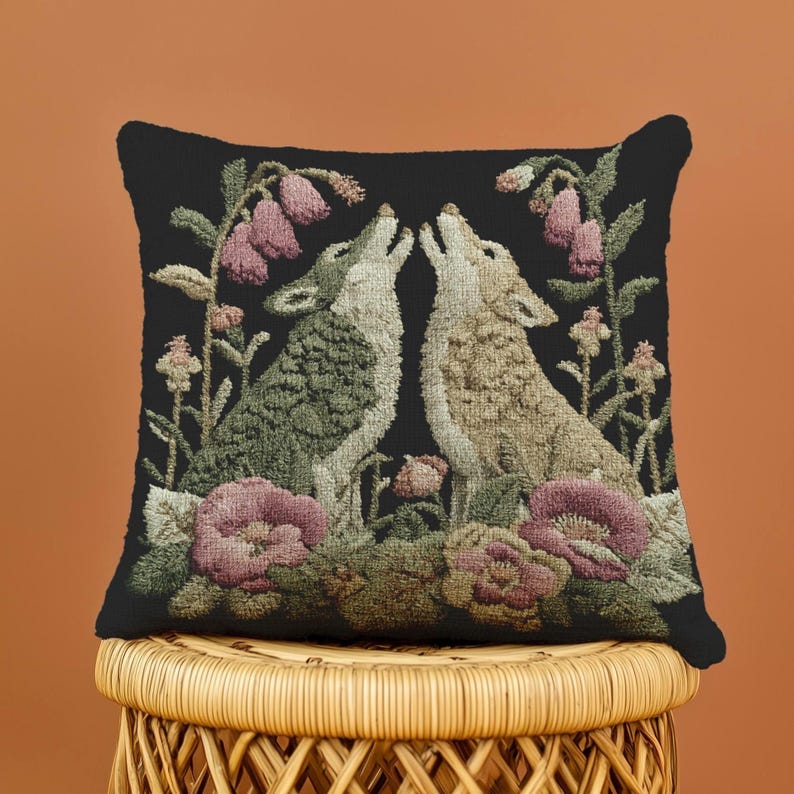 A square woven tapestry pillow with two howling wolves on a black background. The wolves are surrounded by pink and green botanical flowers, creating a vintage, folkloric scene. This decorative cushion is perfect for cottagecore, dark academia, and gothic home decor.