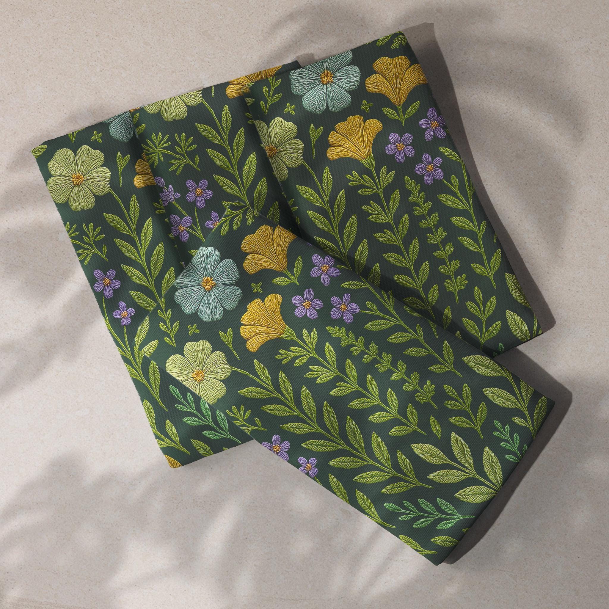 Creative Co-Op Set 4 Tovaglioli In Cotone Verde Con Stampa Botanica, 45x45 Cm, Lavabili, Stile Naturale