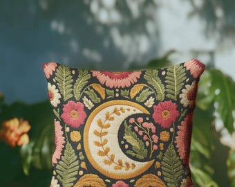 Celestial Moon-kussensloop met bloemen - Dark Academia en Dark Cottagcore kussen voor bank - 18 x 18 22 x 22
