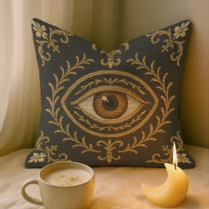 Evil Eye Woven Pillow, Gothic Decor for Dark Cottagecore Home, Dark Academia Cushion,  Witchy Protection Art, Mystical Victorian Home Gift
